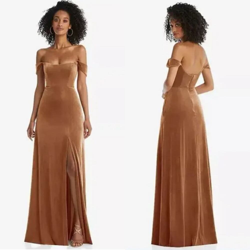 After Six Golden Almond Brown Velvet Off Shoulder Maxi Dress Size 10